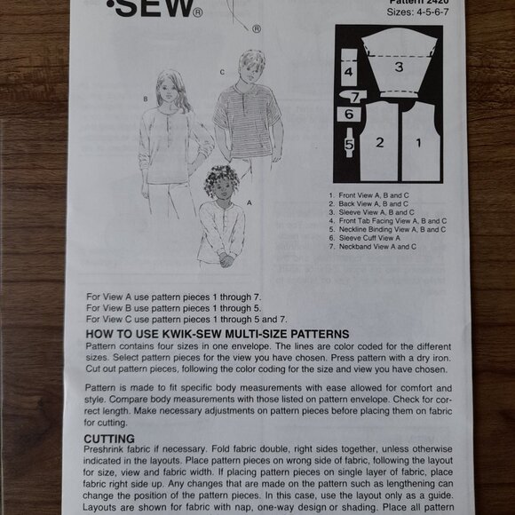 Kids Henley Shirts Pullover Tops Boys Girls Size 4-7 Kwik Sew 2420 UNCUT - Picture 9 of 9